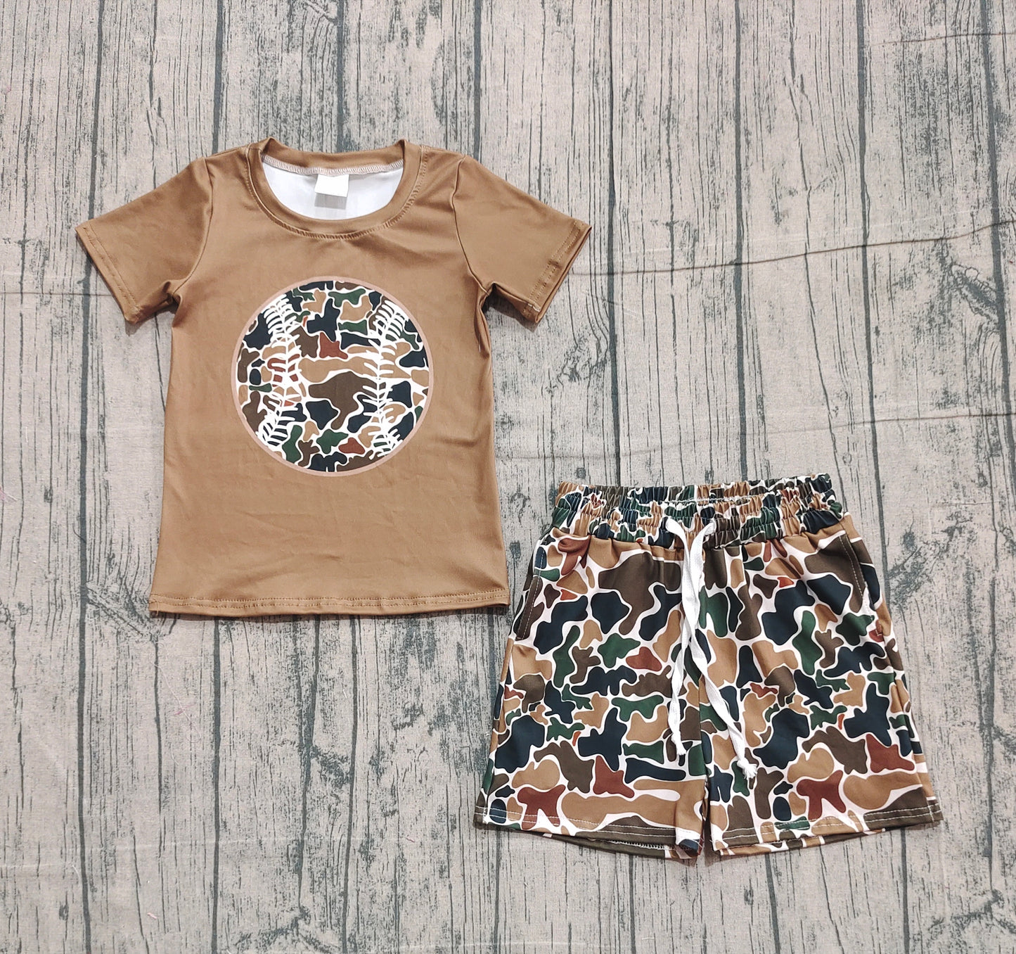 NO MOQ preorder BSSO1597 Brown Green Camouflage Baseball Short Sleeve Shorts Boys Set 202510
