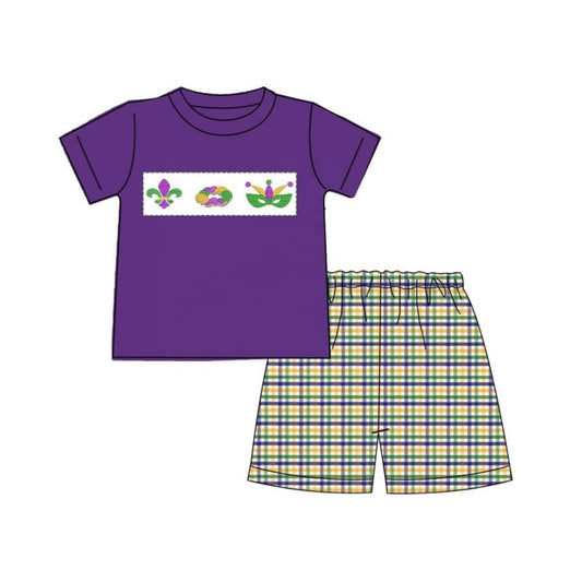 MOQ 5 preorder BSSO1603 Mardi Gras Purple Short Sleeve Plaid Shorts Boys Set 202510