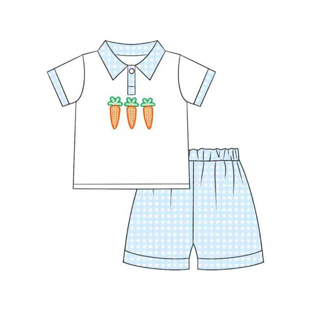 MOQ 5 preorder BSSO1604 Easter Carrots Blue Dots Polo Short Sleeve Shorts Boys Set 202510