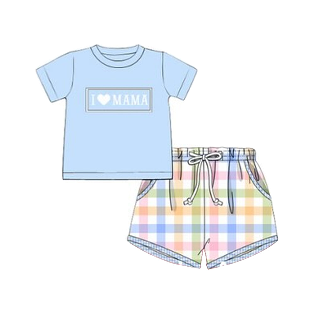 MOQ 5 preorder BSSO1605 I Love Mom Blue Short Sleeve Colored Plaid Shorts Boys Set 202510