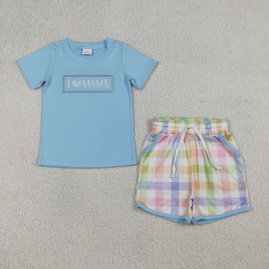 BSSO1605 Embroidered I Love Mom Blue Short Sleeve Colored Plaid Shorts Boys Sets 202603 RTS