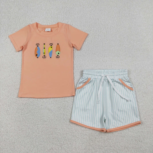 BSSO1606 Embroidered Fishing Hook Orange Short Sleeve Stripe Shorts Boys Set 202512 RTS