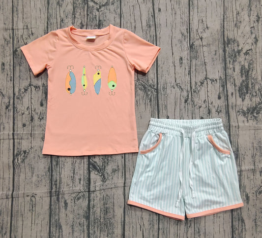 NO MOQ preorder BSSO1606 Embroidered Fishing Hook Orange Short Sleeve Stripe Shorts Boys Set 202510