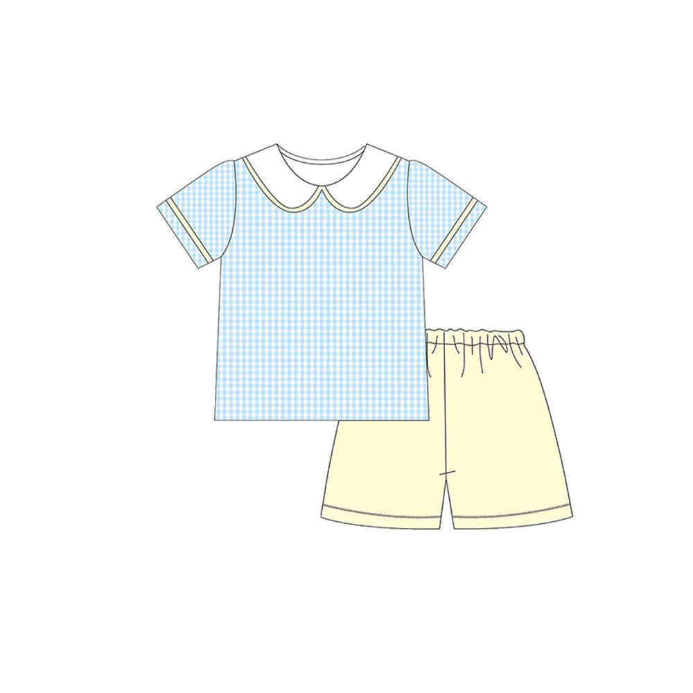 MOQ 5 preorder BSSO1607 Blue Plaid Doll Collar Short Sleeve Yellow Green Shorts Boys Set 202510