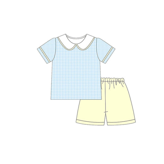 MOQ 5 preorder BSSO1607 Blue Plaid Doll Collar Short Sleeve Yellow Green Shorts Boys Set 202510