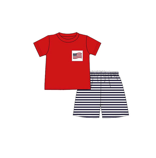 MOQ 5 preorder BSSO1608 4th of July Flag Red Short Sleeve Black Stripe Shorts Boys Set 202510