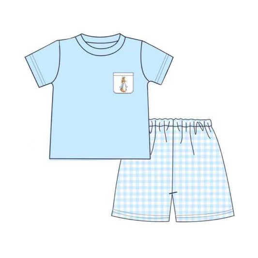 MOQ 5 preorder BSSO1612 Easter Bunny Blue Short Sleeve Plaid Shorts Boys Set 202510