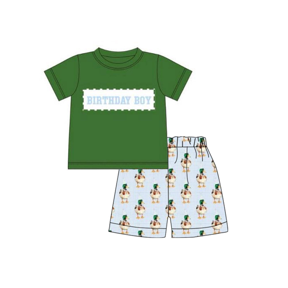 MOQ 5 preorder BSSO1613 Birthday Boy Dark Green Short Sleeve Ducks Plaid Shorts Boys Set 202510