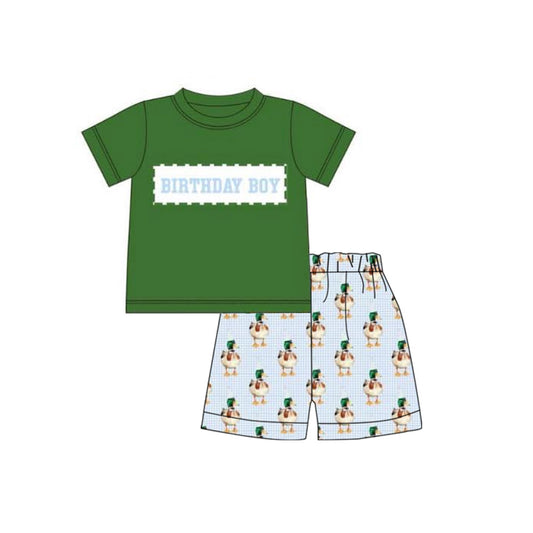 MOQ 5 preorder BSSO1613 Birthday Boy Dark Green Short Sleeve Ducks Plaid Shorts Boys Set 202510
