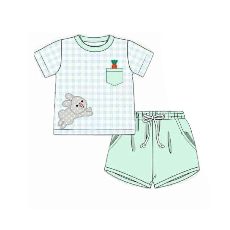 MOQ 5 preorder BSSO1614 Easter Bunny Pocket Plaid Light Green Short Sleeve Shorts Boys Set 202510