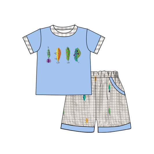 MOQ 5 preorder BSSO1617 Fishing Pattern Blue Short Sleeve Gray Plaid Shorts Boys Set 202510