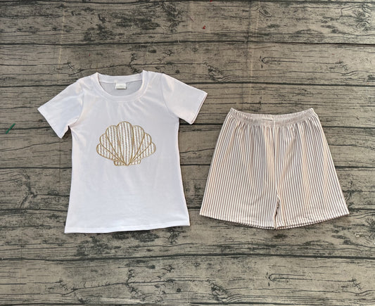 NO MOQ preorder BSSO1618 Embroidered Shell White Short Sleeve Stripe Shorts Boys Set 202511