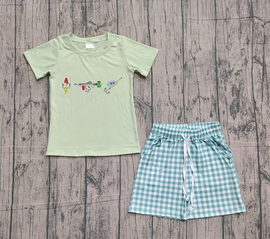 NO MOQ preorder BSSO1621 Embroidered Fishing Bait Green Short Sleeve Plaid Shorts Boys Set 202511