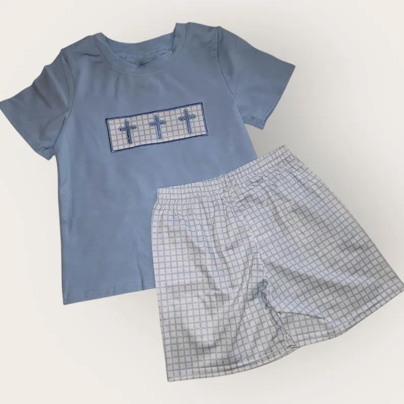 MOQ 5 preorder BSSO1624 Easter Cross Gray Blue Short Sleeve Plaid Shorts Boys Sets 202510