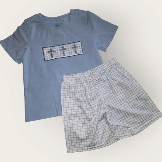 MOQ 5 preorder BSSO1624 Easter Cross Gray Blue Short Sleeve Plaid Shorts Boys Sets 202510