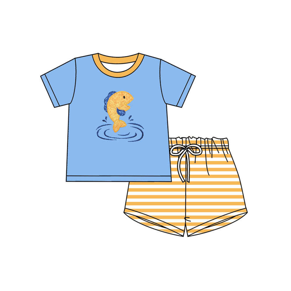 MOQ 5 preorder BSSO1626 Little Fish BlueShort-Sleeve Orange Stripe Shorts Boys Sets 202510