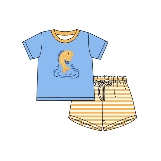 MOQ 5 preorder BSSO1626 Little Fish BlueShort-Sleeve Orange Stripe Shorts Boys Sets 202510