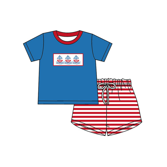 MOQ 5 preorder BSSO1627 Sailboat Blue Short-Sleeve Red Stripe Shorts Boys Sets 202510