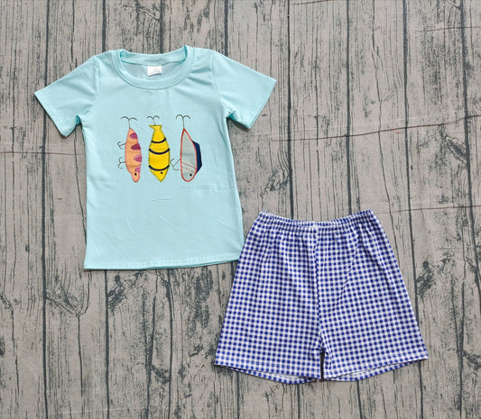 NO MOQ preorder BSSO1628 Embroidered Fishing Bait Blue Short-Sleeve Plaid Shorts Boys Sets 202511