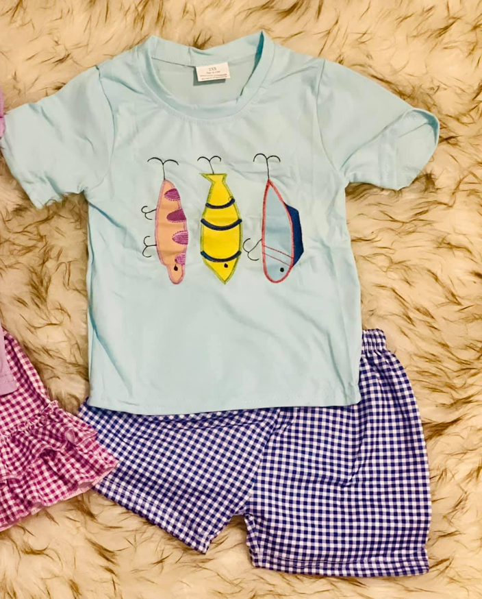 MOQ 5 preorder BSSO1628 Fishing Bait Blue Short-Sleeve Plaid Shorts Boys Sets 202510