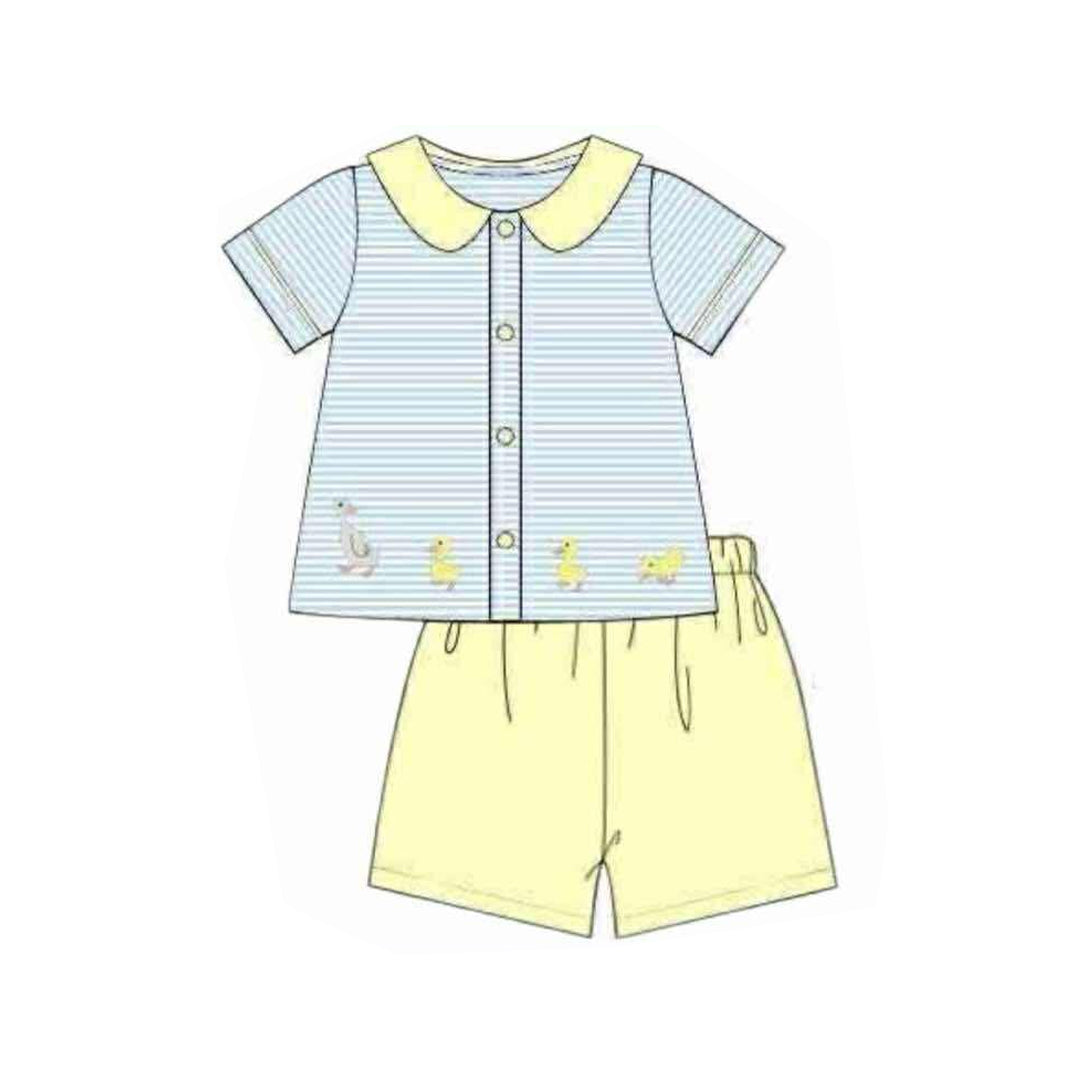 MOQ 5 preorder BSSO1629 Ducks Blue Stripe Yellow Doll Collar Short-Sleeve Shorts Boys Sets 202510