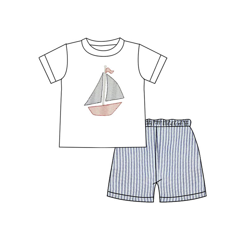 MOQ 5 preorder BSSO1630 Sailboat White Short-Sleeve Blue Stripe Shorts Boys Sets 202510