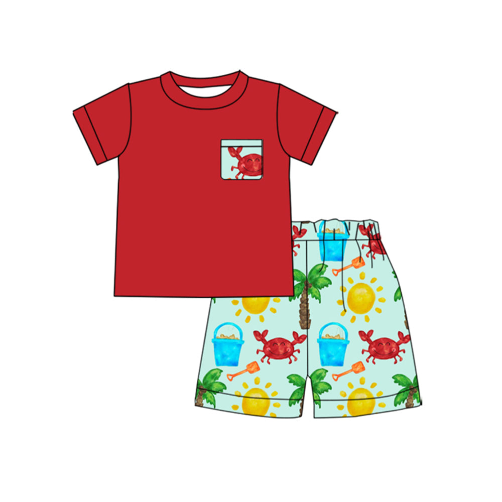 MOQ 5 preorder BSSO1631 Crab Sun Pocket Red Short-Sleeve Shorts Boys Sets 202510