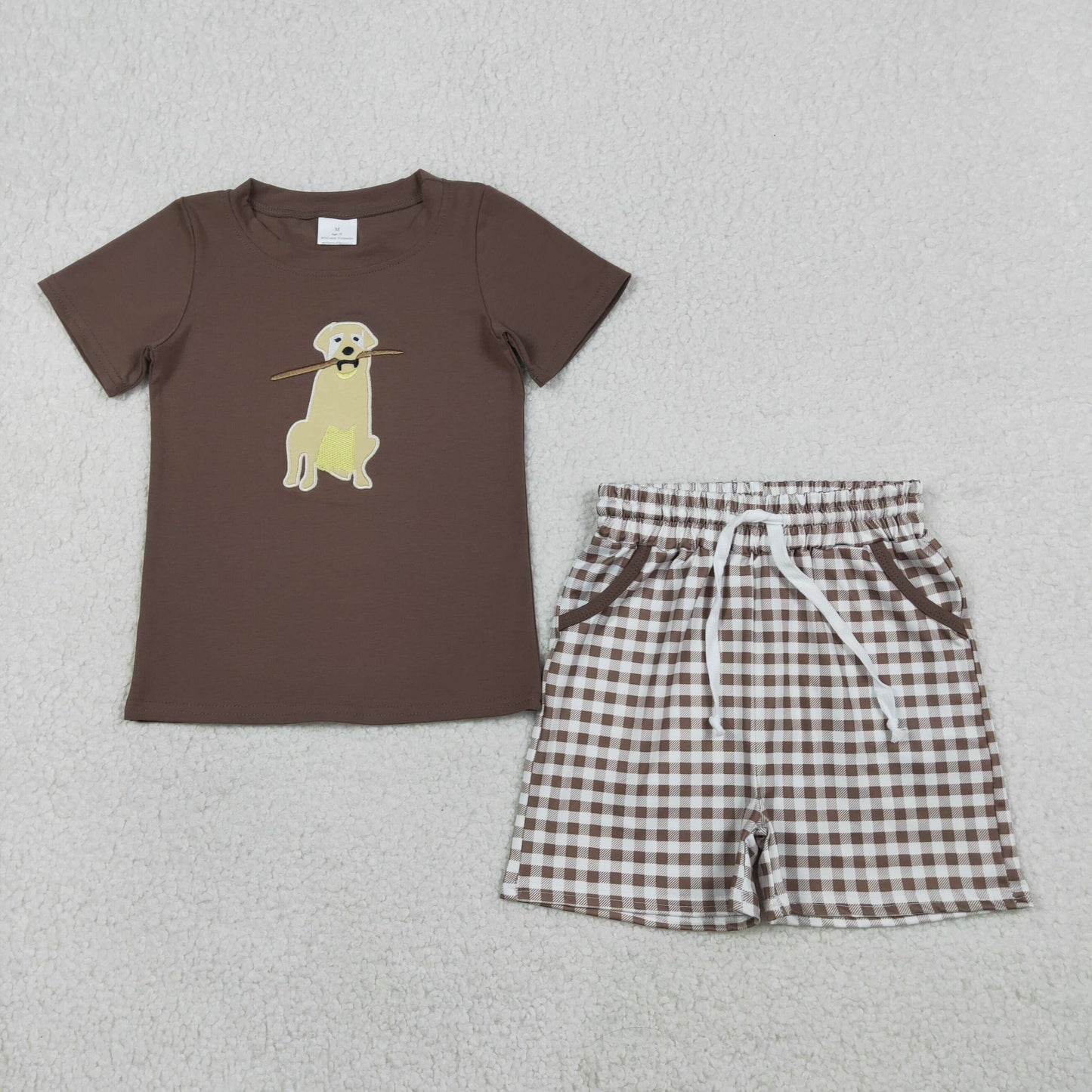 BSSO1637 Embroidered Puppy Tree Branch Brown Short-Sleeve Plaid Shorts Boys Sets 202601 RTS