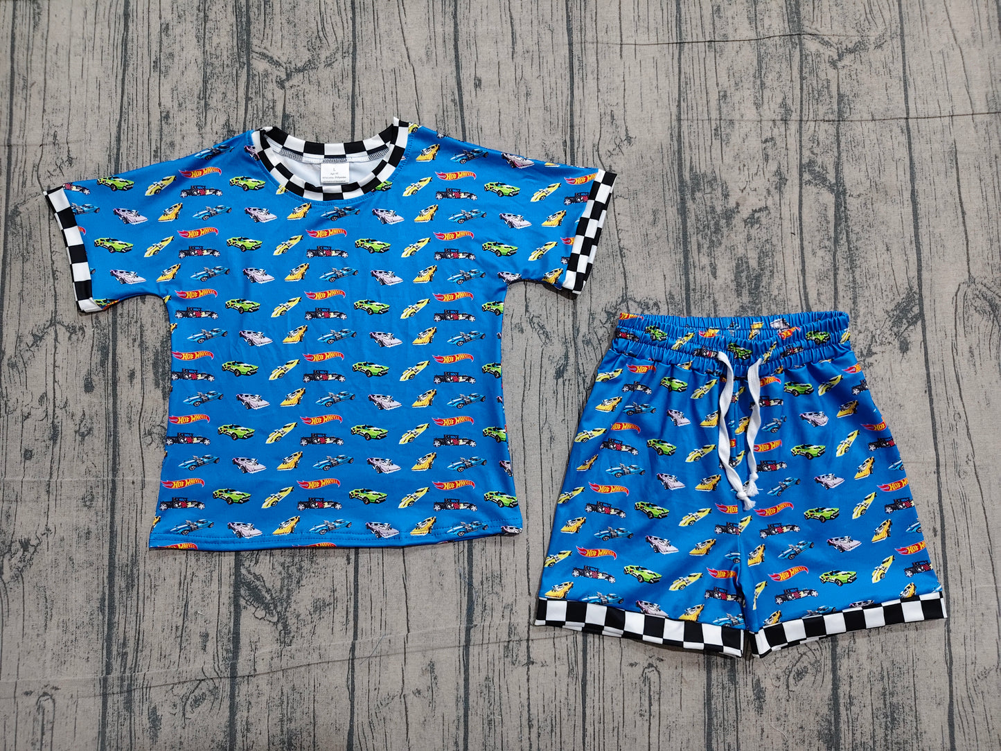 NO MOQ preorder BSSO1640 Racing Black and White Plaid Blue Short-Sleeve Shorts Boys Sets 202604