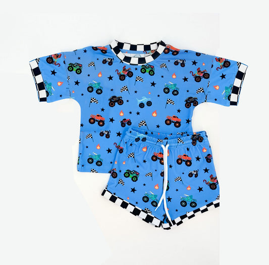 MOQ 5 preorder BSSO1641 Off-Road Vehicle Flag Star Flame Blue Short-Sleeve Shorts Boys Sets 202510