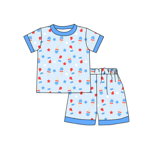MOQ 5 PCS preorder BSSO1642 4th of July Ice Cream Star Blue Short-Sleeve Shorts Boys Sets 202511