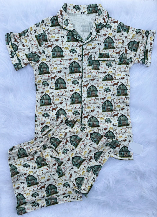 MOQ 5 PCS preorder BSSO1643 Farm Animals Green House Buttons Short-Sleeve Shorts Boys Pajama Set 202511