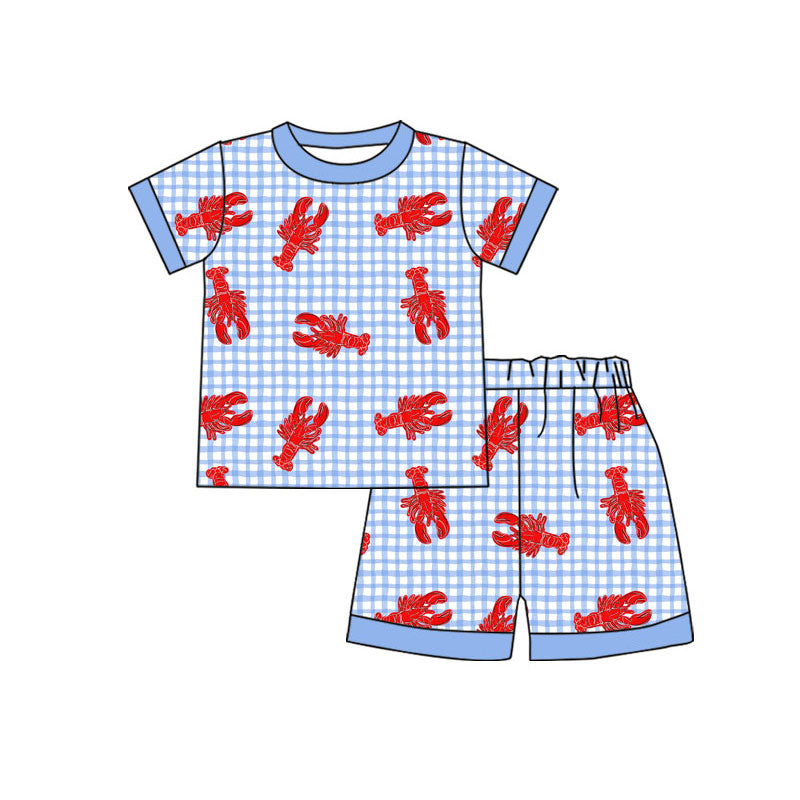 MOQ 5 PCS preorder BSSO1644 Mardi Gras Crayfish Blue Plaid Short Sleeve Shorts Boys Sets 202511