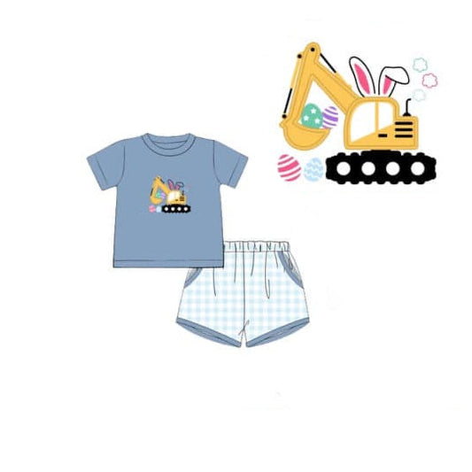MOQ 5 PCS preorder BSSO1648 Easter Bunny Truck Gray Blue Short Sleeve Shorts Boys Sets 202511