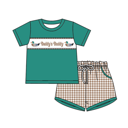 MOQ 5 PCS preorder BSSO1656 Daddy's Buddy Ducks Green Short Sleeve Plaid Shorts Boys Sets 202511