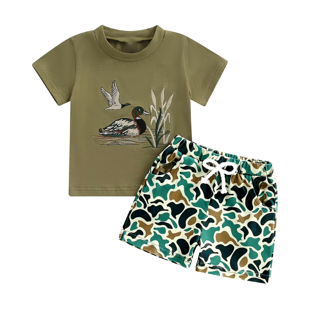 MOQ 5 PCS preorder BSSO1659 Ducks Army Green Short Sleeve Camouflage Shorts Boys Sets 202511