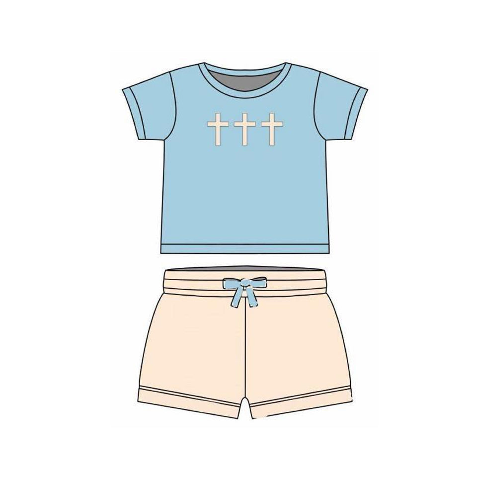 MOQ 5 PCS preorder BSSO1662 Easter Cross Blue Short-Sleeve Beige Shorts Boys Sets 202511