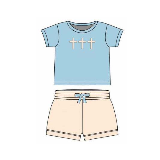 MOQ 5 PCS preorder BSSO1662 Easter Cross Blue Short-Sleeve Beige Shorts Boys Sets 202511