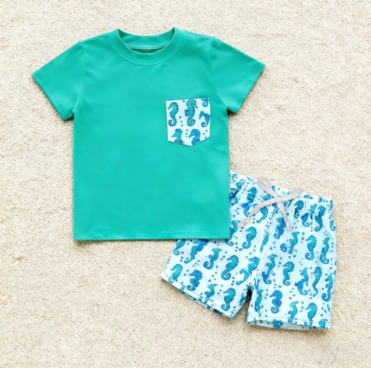 MOQ 5 PCS preorder BSSO1665 Seahorse Pocket Blue Green Short-Sleeve Shorts Boys Sets 202511