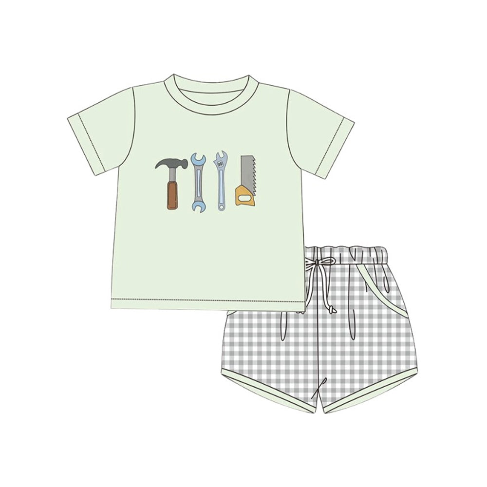 MOQ 5 PCS preorder BSSO1666 Hammer Wrench Tools Light Green Short-Sleeve Gray Plaid Shorts Boys Sets 202511
