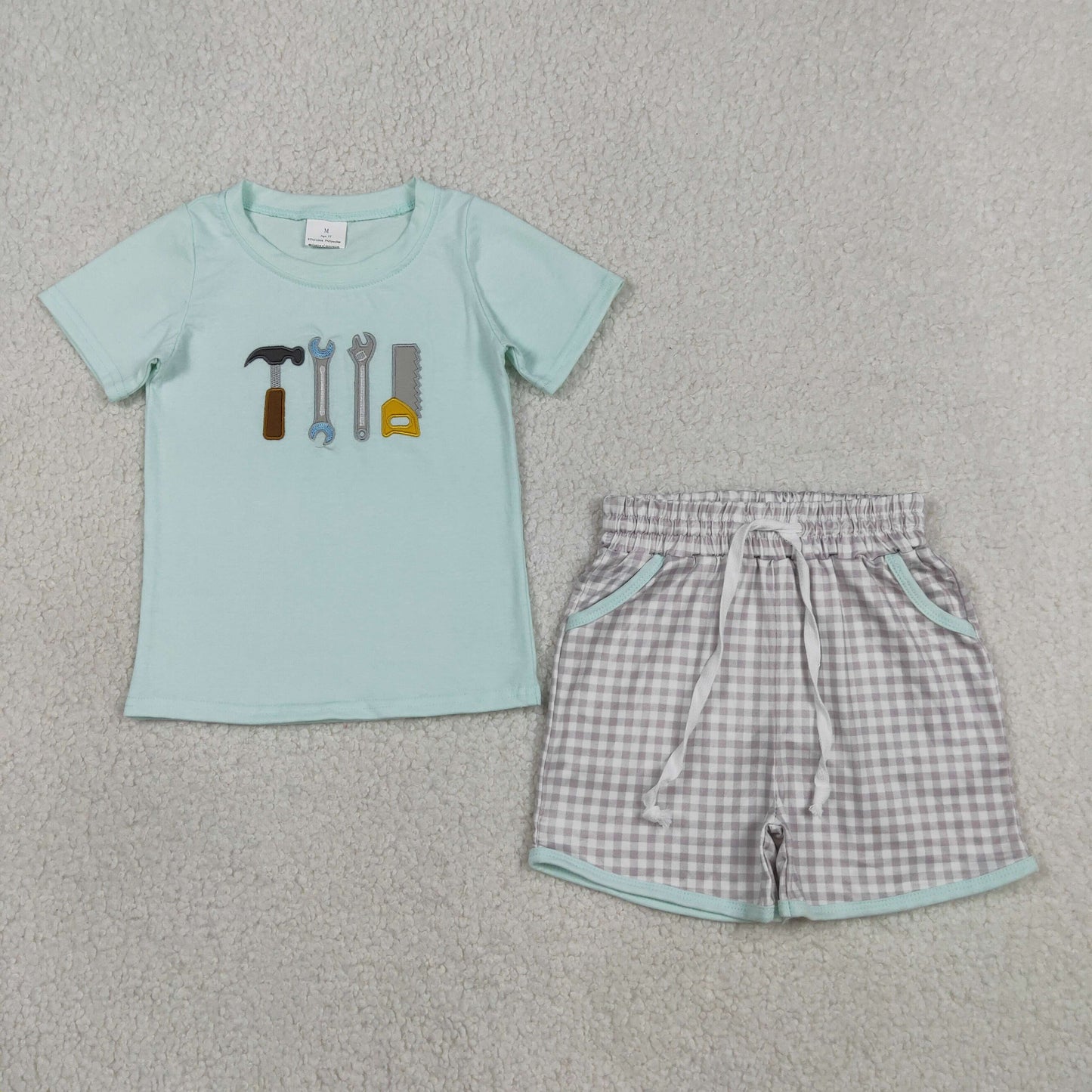 BSSO1666 Embroidered Hammer Wrench Tools Light Green Short-Sleeve Gray Plaid Shorts Boys Sets 202604 RTS