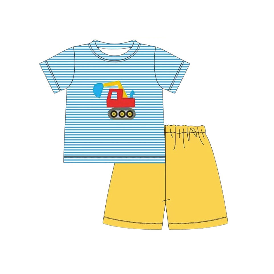 MOQ 5 PCS preorder BSSO1667 Excavator Blue Stripe Short-Sleeve Yellow Shorts Boys Sets 202511