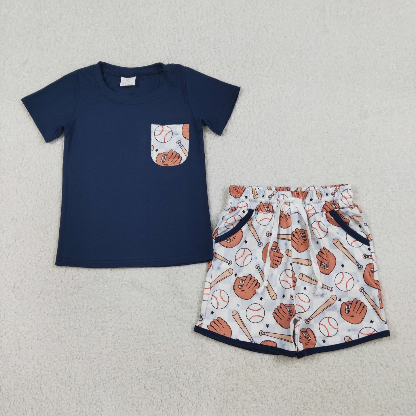 BSSO1669 Baseball Gloves Navy Short-Sleeve Plaid Shorts Boys Sets 202601 RTS