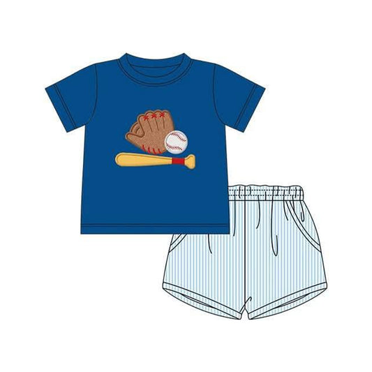MOQ 5 PCS preorder BSSO1670 Baseball Gloves Blue Short-Sleeve Stripe Shorts Boys Sets 202511
