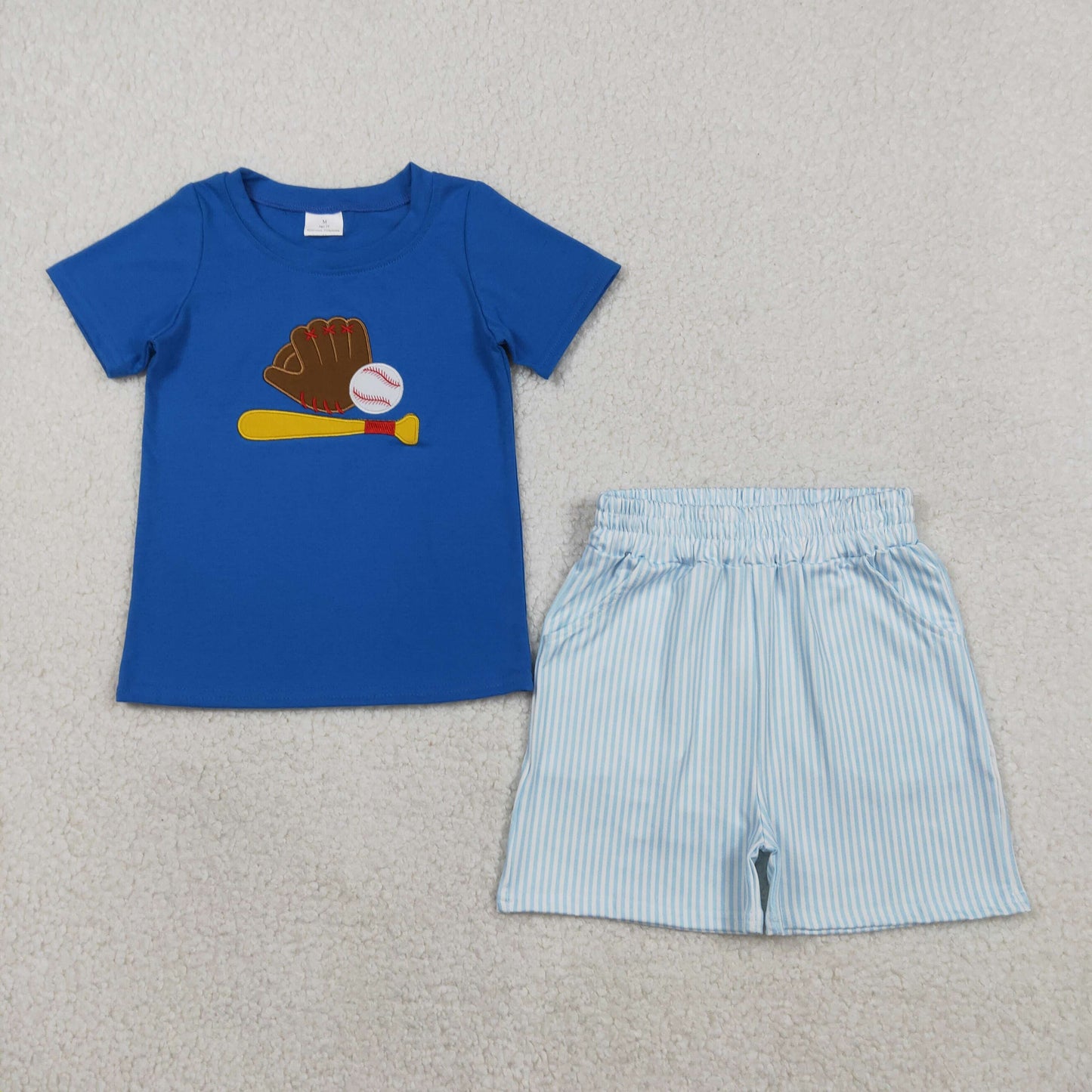 BSSO1670 Embroidered Baseball Gloves Blue Short-Sleeve Stripe Shorts Boys Sets 202601 RTS