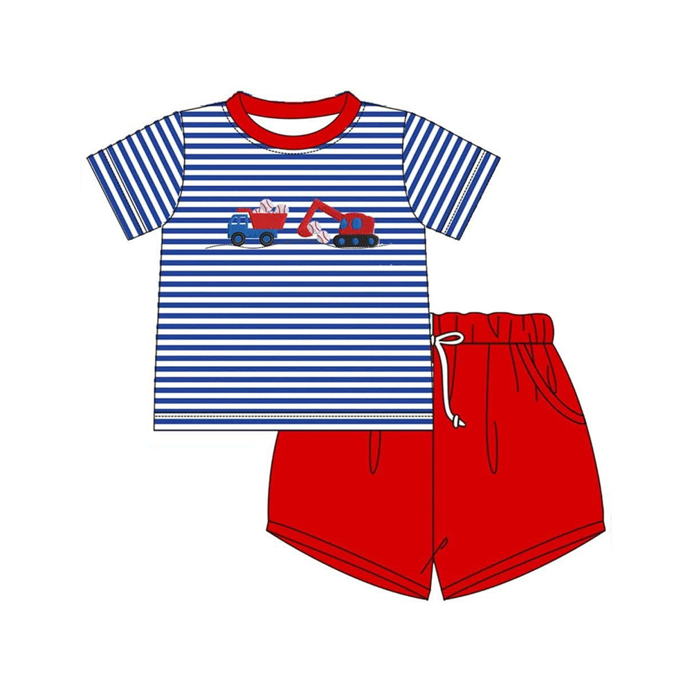MOQ 5 PCS preorder BSSO1671 Baseball Truck Blue Stripe Short-Sleeve Red Shorts Boys Sets 202511