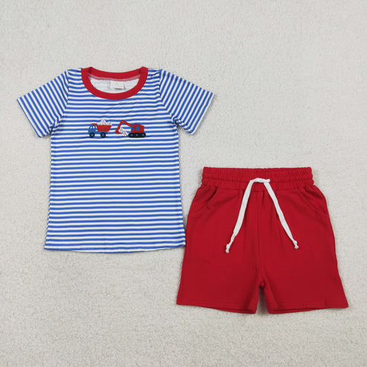 BSSO1671 Embroidered Baseball Truck Blue Stripe Short-Sleeve Red Shorts Boys Sets 20260119 RTS