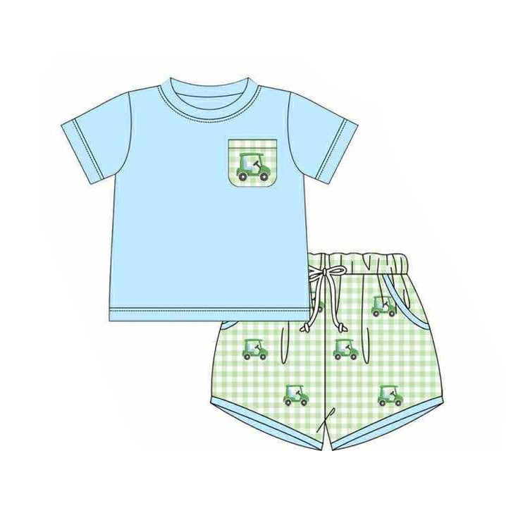 MOQ 5 PCS preorder BSSO1672 Golf Sightseeing Car Green Plaid Pocket Blue Short-Sleeve Shorts Boys Sets 202511