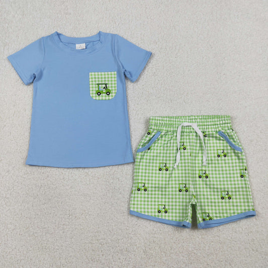 BSSO1672 Embroidered Golf Sightseeing Car Green Plaid Pocket Blue Short-Sleeve Shorts Boys Sets 202601 RTS