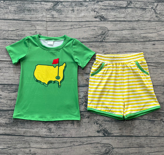 NO MOQ preorder BSSO1673 Golf Course Red Flag Green Short-Sleeve Yellow Stripe Shorts Boys Sets 202512